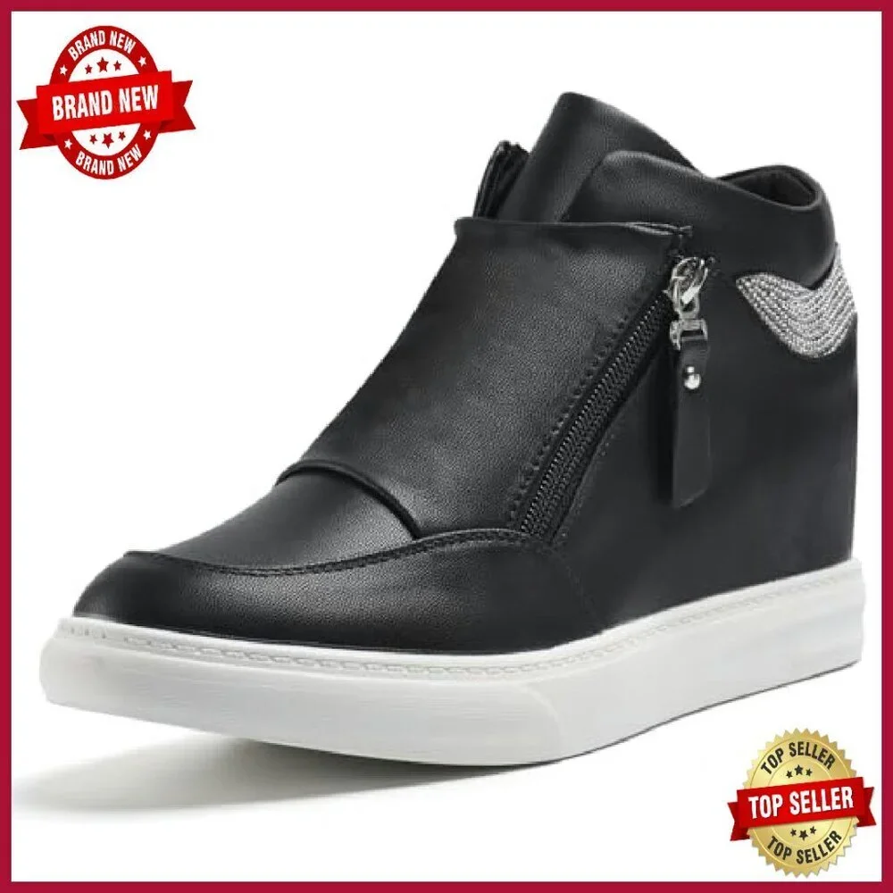 Women's Platform Sneakers Hidden Wedge Heel High Top PU Leather